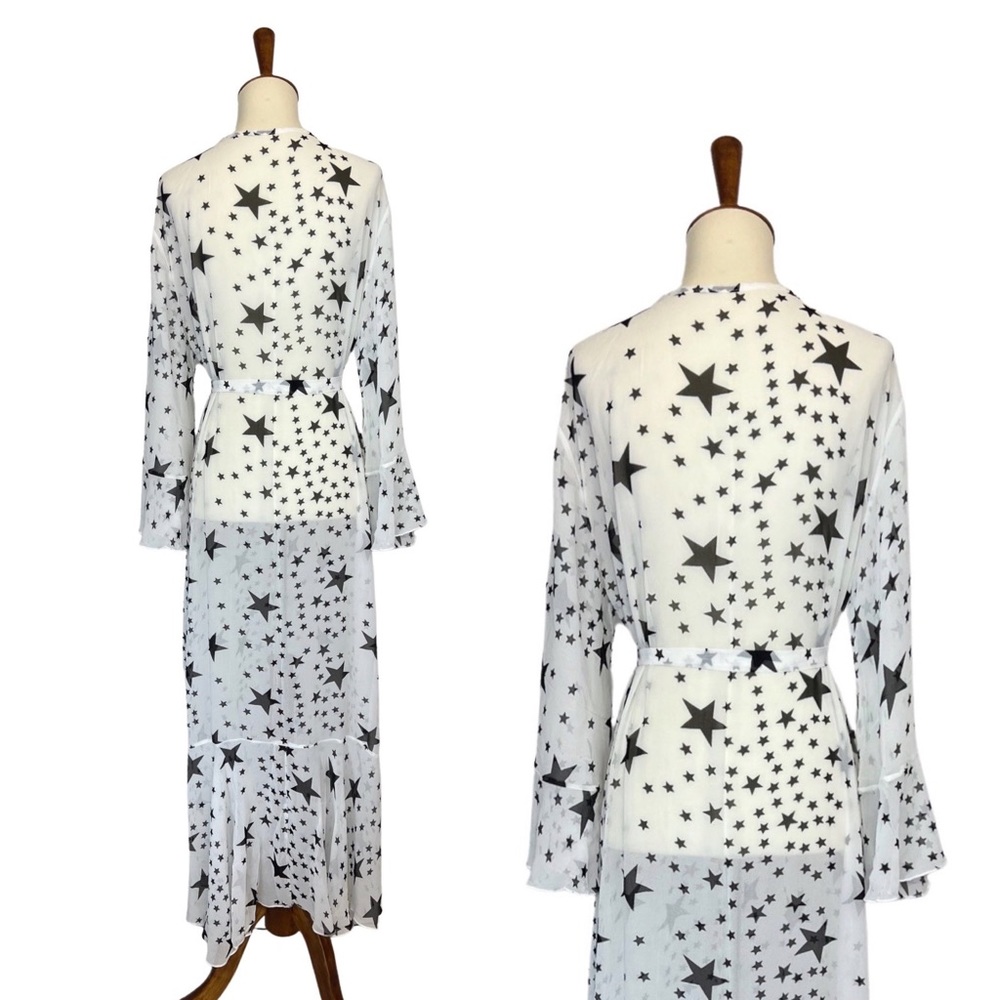 Boho White Chiffon with Black Stars Kimono Duster Beach Coverup - Picture 13 of 16